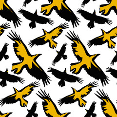 Fototapeta premium A pattern of black ravens with a bright yellow glow from the spotlight. Colorful texture on a white background for a holiday. In the Halloween theme. Printing on textiles and paper, packaging