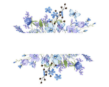 Flowers, floral frame border. Watercolor hand painting floral  background. Blue flowers isolated on white.	