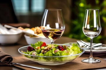 Naklejka premium Served for a banquet table. Wine glasses with napkins, glasses and salads,Generative AI