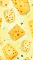 Delicious Swiss Cheese Background, Vertical Watercolor Illustration. Creamy Milk Product. Ai Generated Soft Colored Watercolor Illustration with Gourmet Tasty Swiss Cheese.