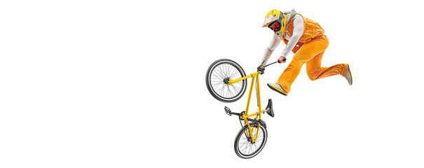 Realistic silhouette of a bmx rider, man is doing a trick, isolated on white background. Cycling...