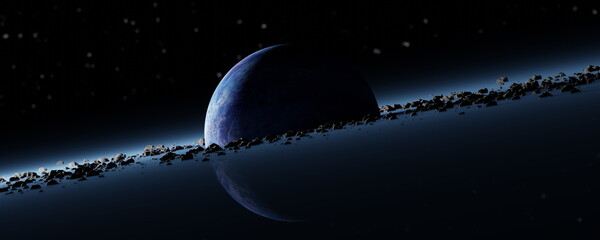 Panorama Planet Pandora surrounded asteroid belt, rings wreckage of destroyed planet. Blue protoplanet in black cosmos space of universe. 3d render © angel_nt