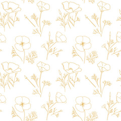 white orange floral seamless texture with silhouettes of poppies - vector background