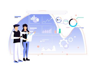 Digital graphic concept. Office workers summarize the company's annual data chart. used for web, posters, flyers. modern flat vector illustration.