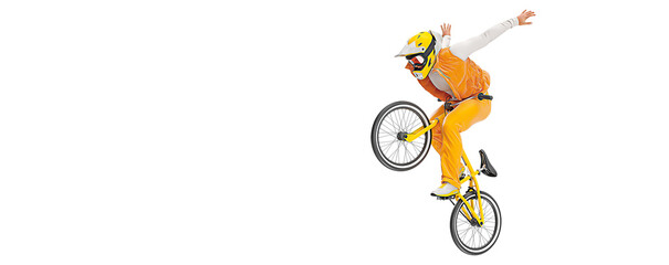 Realistic silhouette of a bmx rider, man is doing a trick, isolated on white background. Cycling...
