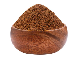 Brown powder (cocoa, coffee, chocolate or cinnamon) in a wooden bowl, cut out