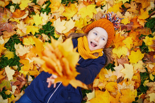 Adorable preschooler girl enjoying nice and sunny autumn day outdoors