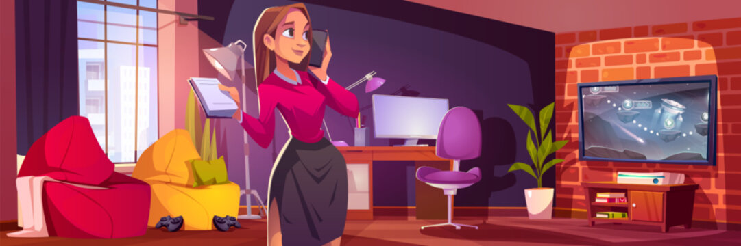 Woman talking in play room with game on tv cartoon vector interior background. Console with joystick and businesswoman character enjoy house livingroom with workspace zone furniture decoration.