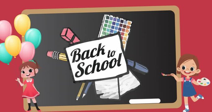 Animation of two school girls icon and back to school text banner against chalkboard