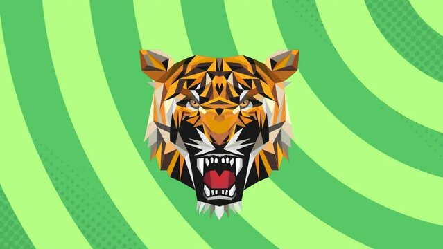 Animation of tiger face icon against radial rays in seamless pattern on green background