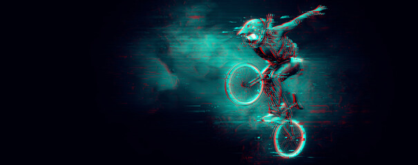 Abstract silhouette of a bmx rider, man is doing a trick, isolated on black background. Cycling sport transport. illustration