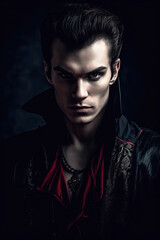 Fototapeta premium Portrait of an attractive male vampire or dark magician in vintage style on black. Vampire novel cover design. Generative AI illustration.