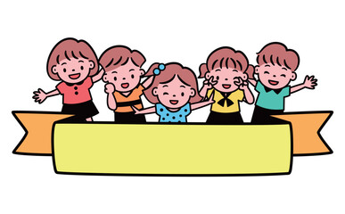 こどもとプレゼントリボンのベクタータイトルフレーム素材_黄色