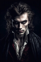 Handsome portrait of a male vampire on black. Vampire novel cover design.Generative AI illustration. - obrazy, fototapety, plakaty