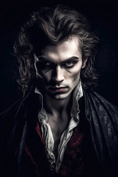 Handsome portrait of a male vampire on black. Vampire novel cover design.Generative AI illustration.