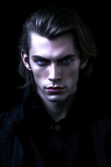Portrait of an attractive male vampire on black. Vampire novel cover design.Generative AI illustration. - obrazy, fototapety, plakaty
