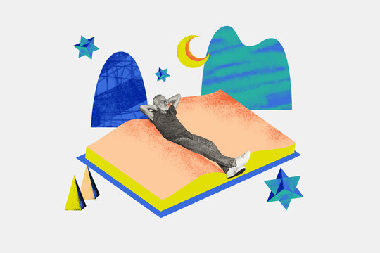 Creative abstract composite illustration collage photo of elderly peaceful man lay on large book dreaming isolated drawing background