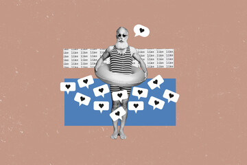 Poster banner advert collage of retired man rest relax swimming in rubber ring write blog post receive many likes