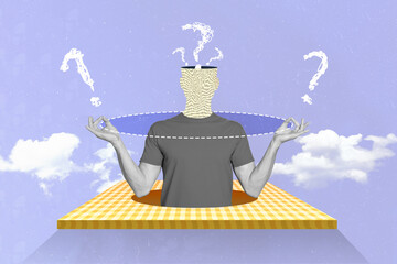 Collage image of black white colors guy book text page head question mark meditate clouds sky...