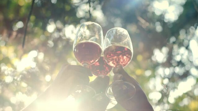 Toasting with Ros&eacute; Wine Glasses on a Sunny Day in Slow Motion