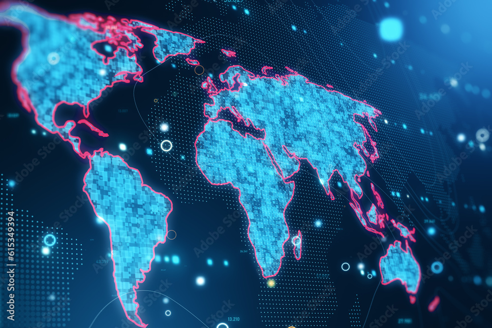 Poster Global social network connection concept with perspective view on digital blue pixel world map with red contour on dark technological background with data visualization. 3D rendering