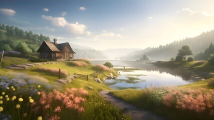 Fototapeta na wymiar Enchanting Countryside Scene Illustration for Serene Designs.
