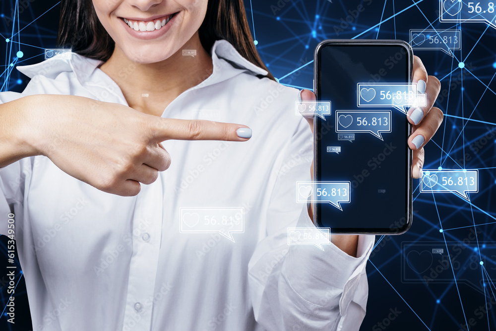 Poster concept of network and internet communication. close up of happy businesswoman hand pointing at cell