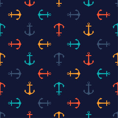 Seamless pattern with anchors and blue background