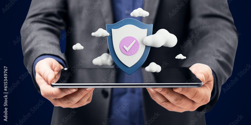 Poster close up of businessman hands holding tablet with digital shield and clouds on dark blue background.