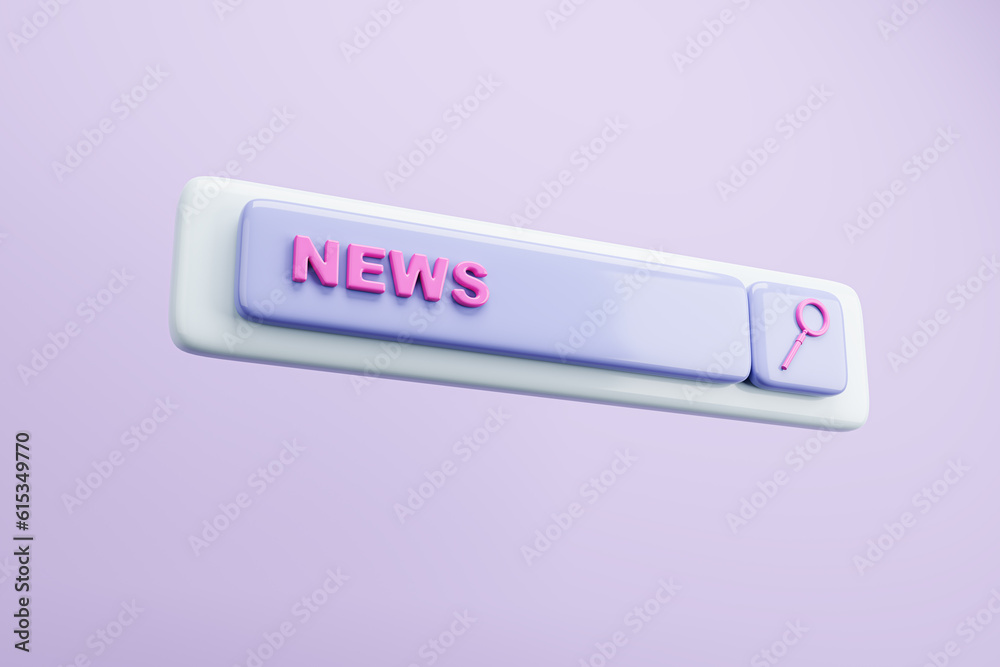 Poster creative digital search bar with magnifier on purple background. seo and news search concept. 3d ren