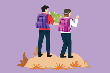 Character flat drawing back view of happy romantic couple planning the route and looking at the map. Travel, vacation, holiday, adventure symbol. Mountain landscape. Cartoon design vector illustration