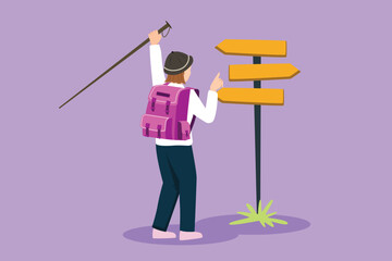 Cartoon flat style drawing back view of pretty woman hiker standing near direction sign or pointer. Girl with backpacks searching for location. Gets lost on nature. Graphic design vector illustration