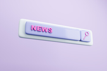 Creative digital search bar with magnifier on purple background. SEO and news search concept. 3D Rendering.