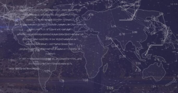 Animation of data processing over world map against aerial view of cityscape