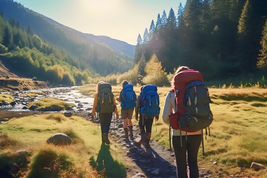 Trekking group of tourists with backpacks on mountain footpath among river forest