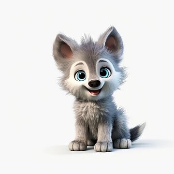 Happy and cute baby wolf cub illustrated and in cartoon format. AI generated.