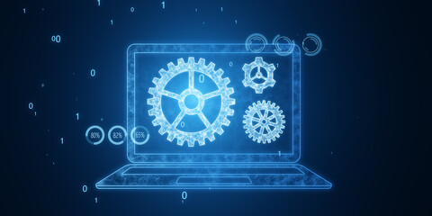 Creative laptop with glowing cogwheel on screen. Blurry blue background. Adjusting app, setting options, maintenance, repair, fixing. Double exposure.