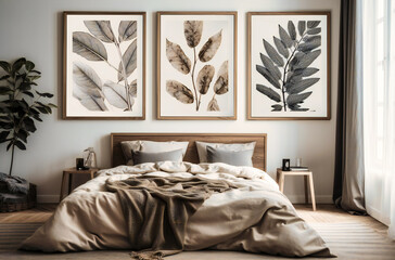 two modern wooden framed art pieces in bedroom