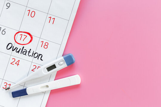 Pregnancy test with female ovulation day on calendar