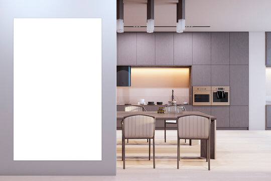 Front view of light grey wall with white poster on a modern kitchen interior background with wooden dining table with chairs, mockup. 3D Rendering