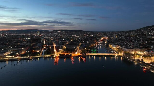 Aerial drone hyperlapse of Zurich, Switzerland at night