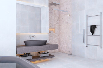 Perspective view of light modern bathroom interior design with tiles grey floor and stone walls. 3D Rendering