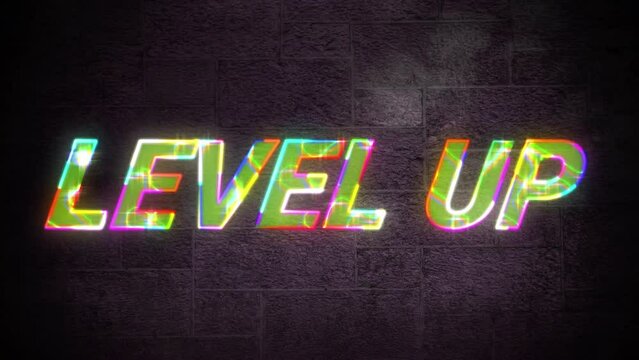 Animation of lightning effect over level up text banner against grey brickwall textured background