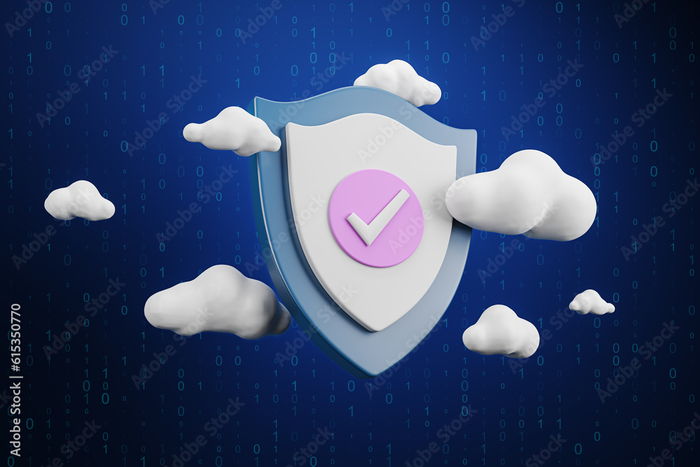 Aufkleber Digital shield with clouds on dark blue backdrop. Secure online payment and data guard concept. 3D Rendering.