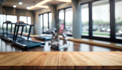 Fototapeta na wymiar Empty wooden table with blur modern gym interior with sport fitness equipment