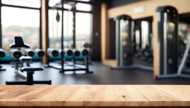 Empty wooden table with blur modern gym interior with sport fitness equipment