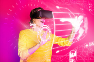 Creative artwork 3d collage picture young excited girl use vr glasses future hi tech loading computer data analyzing cyberspace