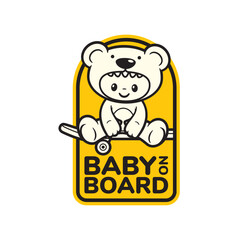 Vector yellow car sticker warning of a child in the car. Image of a child in a teddy bear costume sitting on a skateboard and the text BABY ON BOARD. Isolated on white background
