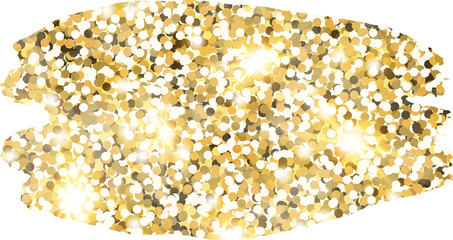 Abstract shiny gold glitter stroke design element. Golden color dust texture stain for holiday decoration, flyer, poster, greeting card, background, wallpaper. Shiny paint stroke fashion illustration.