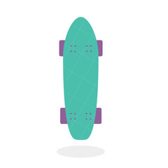 Skateboard flat icon with shadow. Green skateboard with purple wheels vector illustration for print, stickers, card.